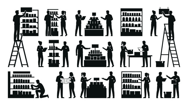 Retail staff stocking shelves and assisting customers silhouettes