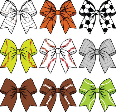 Sports Ball Pattern Bows Collection Athletic Ribbon Vector Illustration