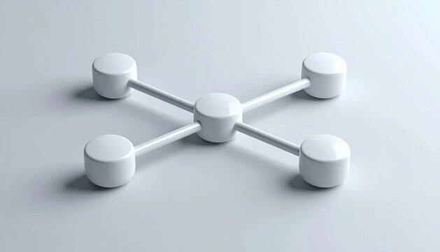 3D network node icon central connected to four outer isolated on white