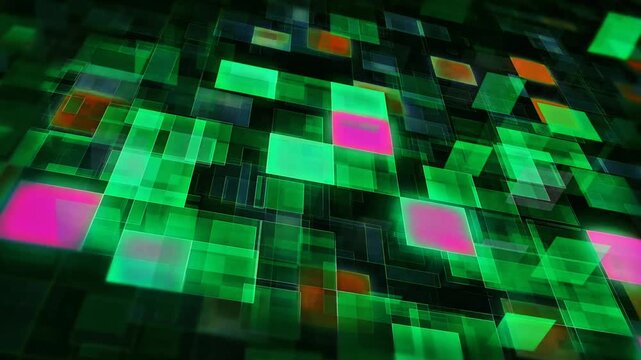 Dynamic 3D perspective abstract digital grid animation with neon green and pink glowing glass tiles flashing. Creative presentation template background for tech industry software developers.