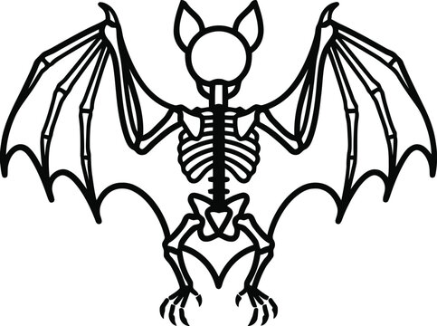 Black and white bat skeleton with wings spread illustration