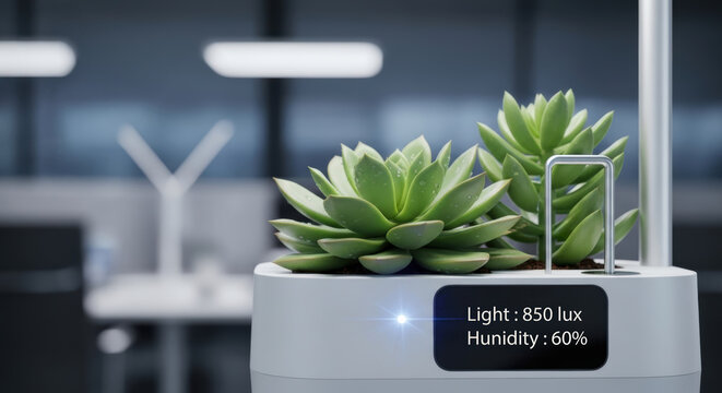 Smart plant pot with succulent in modern office showing light and humidity levels for future work automation