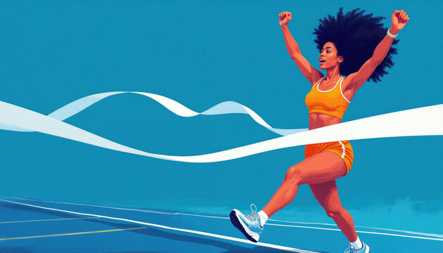 Black female sprinter breaks finish line tape with arms raised in triumph. Dynamic motion illustration of athlete crossing finish, achieving victory, celebrating success, race winner, sport concept.