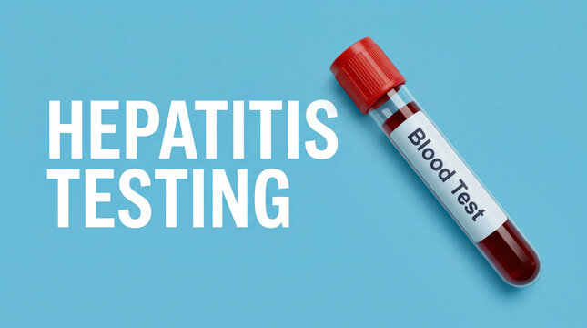 Hepatitis testing medical concept, blood test vial with red cap on blue background, clinical screening for liver disease and viral infection