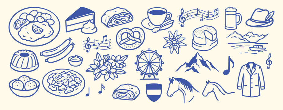 Austrian bavarian cultural outline doodles. schnitzel, sausage, pretzel, strudel, cake, beer, ferris wheel, mountains. for traditional food menu, travel tourism poster. blue line art.