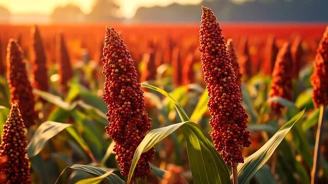 Ripe sorghum field glowing under a warm golden sunset