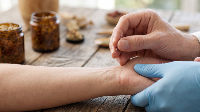 Professional acupuncturist performing traditional chinese medicine treatment on patient wrist using fine needle for pain relief and holistic wellness therapy