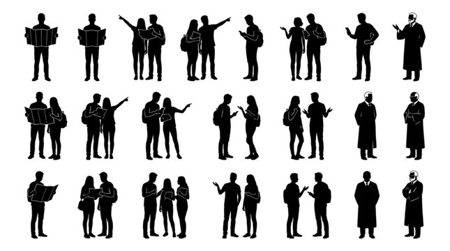 Student and professor silhouette set reading maps, discussing and pointing in academic scenes
