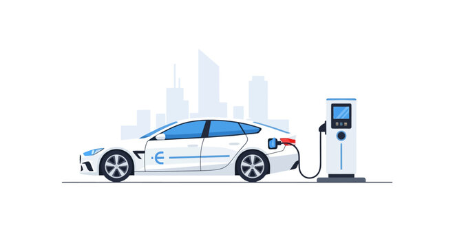 Electric Car Charging at Modern EV Station with City Skyline Background - Flat Vector Illustration of Sustainable Urban Transportation