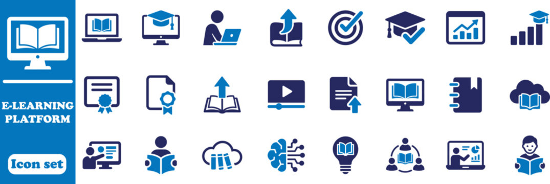 E learning platform icon set for online education and training