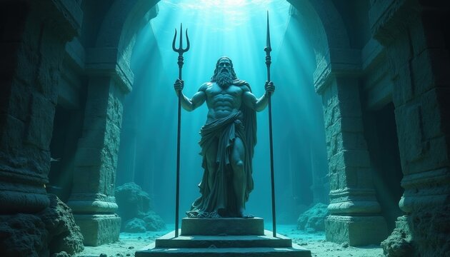 Powerful statue of Poseidon, god of sea, stands with trident and spear in ancient underwater ruins. Sun rays pierce deep blue ocean waters illuminating stone architecture. Mysterious submerged world.
