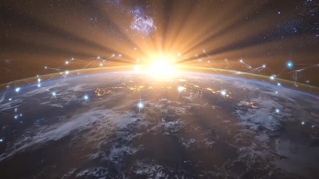 Global digital network connecting planet earth during a vibrant sunrise in outer space