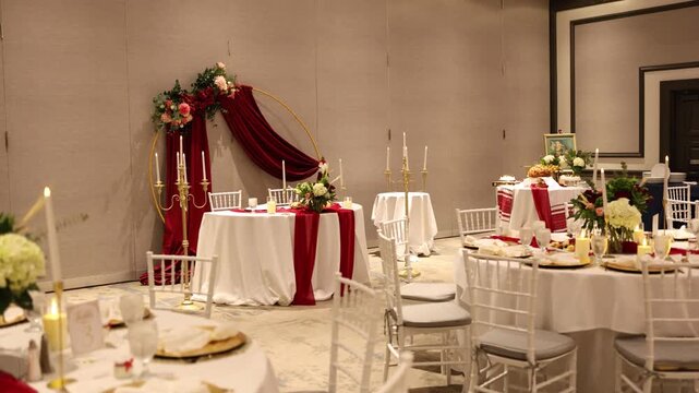 Elegant wedding reception decor in banquet hall
