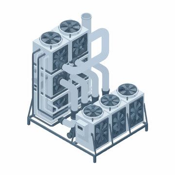Industrial HVAC system with multiple fans and pipes.