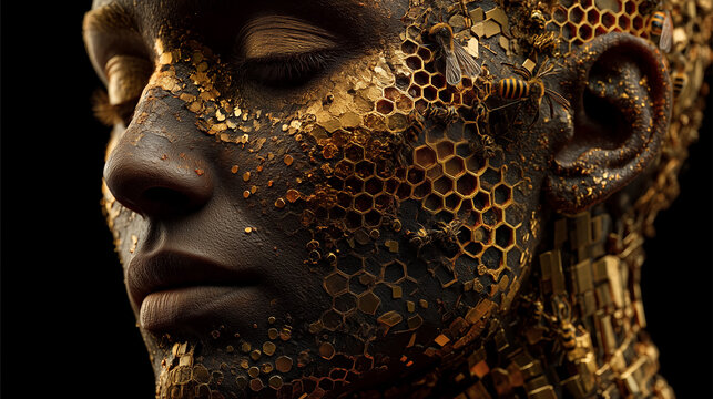 Human face integrated with honeycomb structures and organic textures, representing collective intelligence, nature-inspired technology and bee ecosystems.