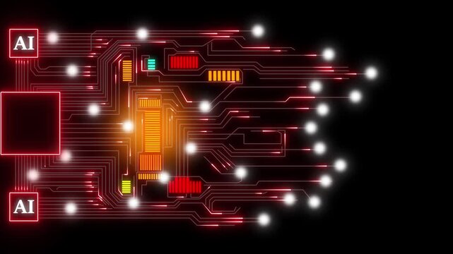 AI Circuit Board Animation Red Orange Glow Technology Digital Data Network Artificial. AI And Neural Networks Power Digital Innovation. Circuit Board Computing Drives Futuristic Progress.
