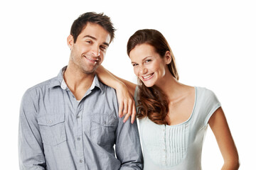 Obraz premium Couple, portrait and smile in studio, care and bonding with partner, together or connection on break. White background, lovers and happy people with commitment for relationship, romance and loyalty