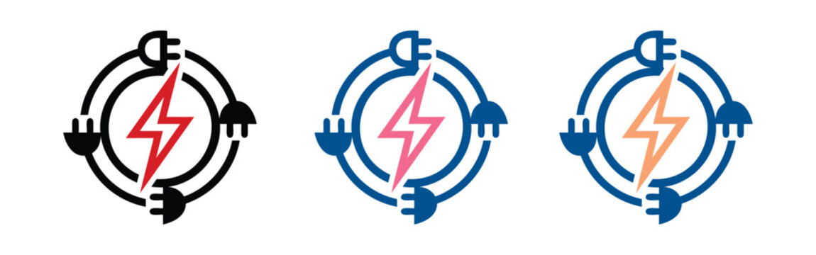 Electric plug and lightning bolt circle icon set, renewable energy power charging logo vector