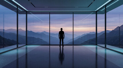 Fototapeta premium Silhouette of a man standing in a modern minimalist room with large glass windows overlooking a vast mountain landscape at dusk or dawn