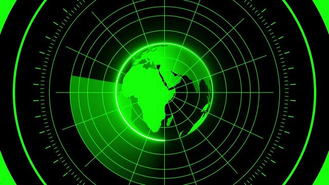 Global radar screen displaying earth continents. Radar and world map concept. Global tracking, digital surveillance, and futuristic network visualization. Radar icon using to find enemy.