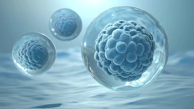 Microscopic view of blue biological cells floating in a liquid environment