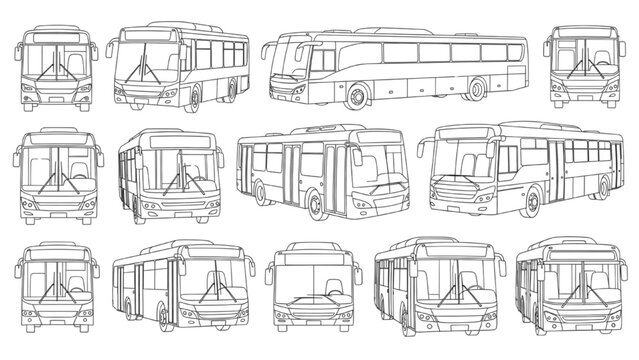 2D AutoCAD Vector illustrations of various bus designs and views