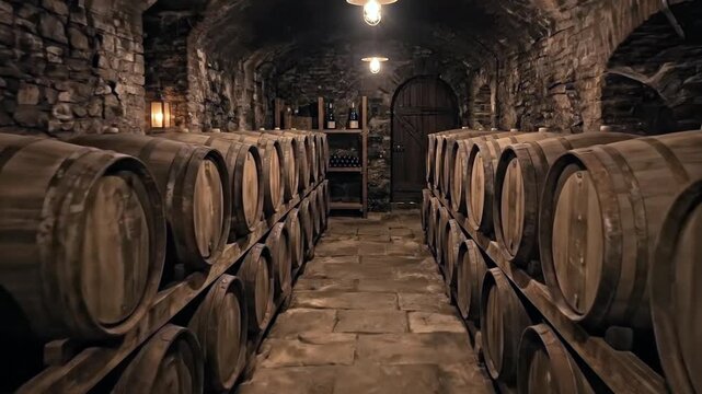 Historic Stone Wine Cellar with Rows of Wooden Barrels