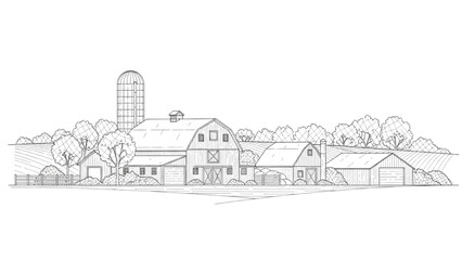 2D AutoCAD Vector illustration of a rural farm landscape with barns and silo © Stock Image Paradise