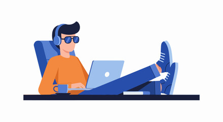 Obraz premium Relaxed Freelancer Working on Laptop with Feet on Desk - Remote Work Lifestyle Vector Illustration