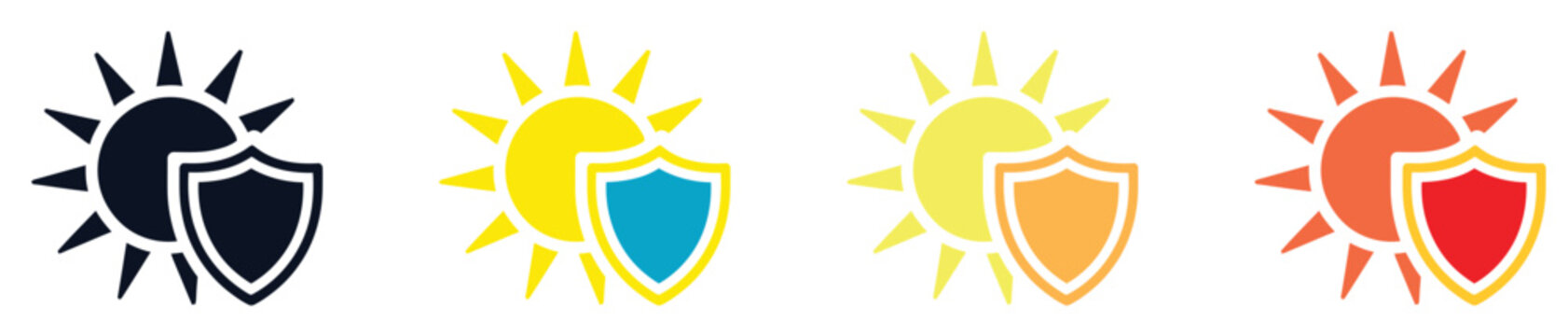 Sun protection shield icons set for summer skincare and ultraviolet ray safety graphic design