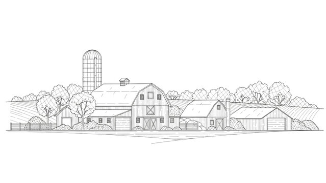 2D AutoCAD Vector illustration of a rural farm landscape with barns and silo