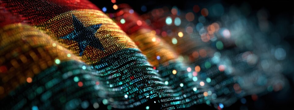 Ghana flag made of digital lines with colorful patterns and lights at night