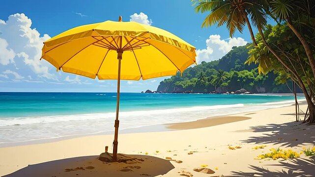 A vibrant yellow sun umbrella stands on a pristine tropical beach under a clear blue sky