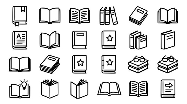 Book Icons Set with Open and Closed Covers, Bookmarks, Bookmarks, Notebooks, and Reading Symbols for Learning Concepts