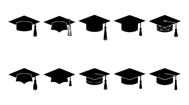 Graduation Cap Icon Set with Black Silhouettes and Mortarboard Hats with Tassels and Hands-Drawn Style