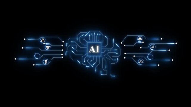 Futuristic artificial intelligence brain circuit network with glowing lines and icons