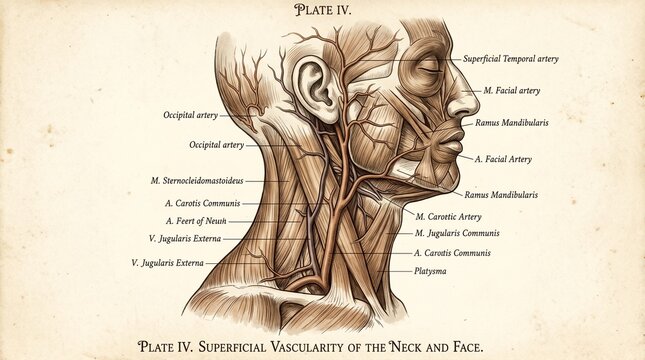 Vintage Anatomy Diagram of Human Head and Neck Vascularity