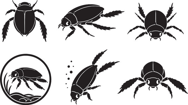 Giant Water Beetle Silhouette Icon Set Black Vector Aquatic Insect Collection
