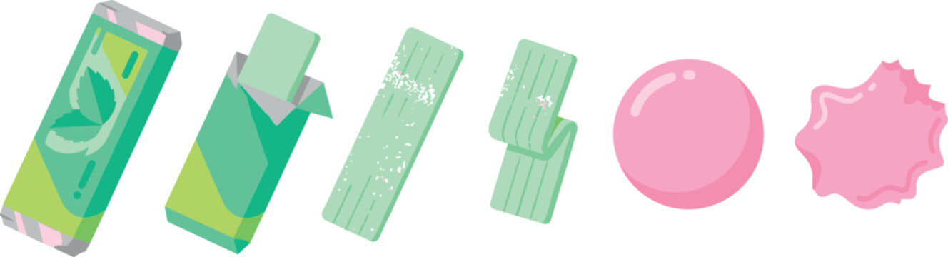 Mint Chewing Gum Pack and Stick Icon Set with Open Wrapper Sugar Coated Strip Folded Stick Pink Bubble and Popped Splat Vector Illustrations