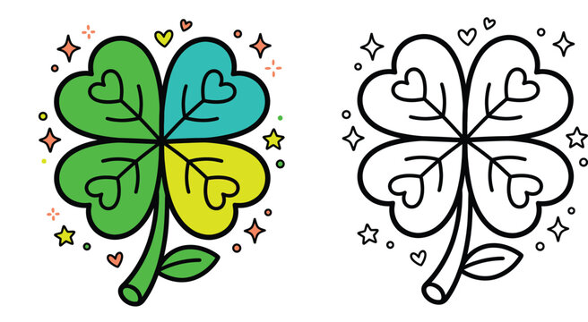 Cute Four-Leaf Clover Coloring Book Page with Colored Example, Lucky St. Patrick's Day Vector Illustration