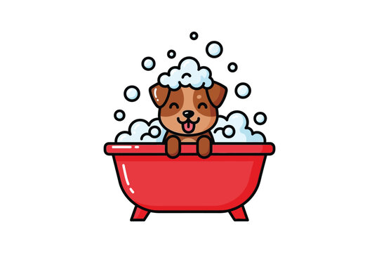 Cute Cartoon Dog Taking a Bath in Red Tub with Soap Bubbles