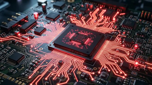 Close-up of Microchip on Circuit Board with Red Glowing Pathways