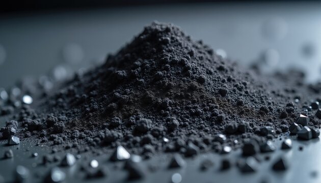Fine tungsten carbide powder piled up with sharp, reflective particles scattered on surface. Material texture seen at macro level. Grey metallic dust for industrial applications.