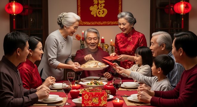 Elderly women playing mahjong with family.