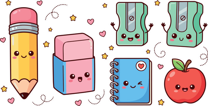 Cute Kawaii Back to School Stationery Vector Set Featuring Smiling Pencil Pink Eraser Sharpener Spiral Notebook Apple and Star Characters