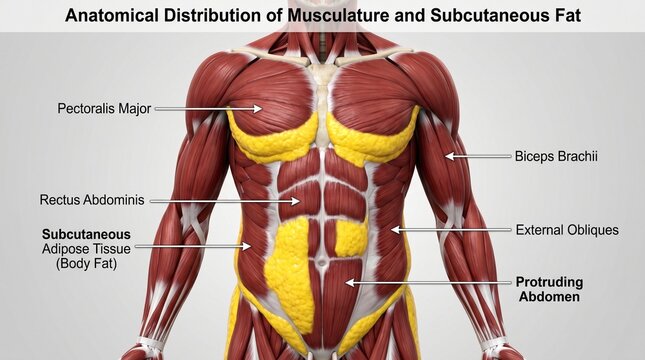 Male anatomy 3D render with highlighted chest and abdominal fat