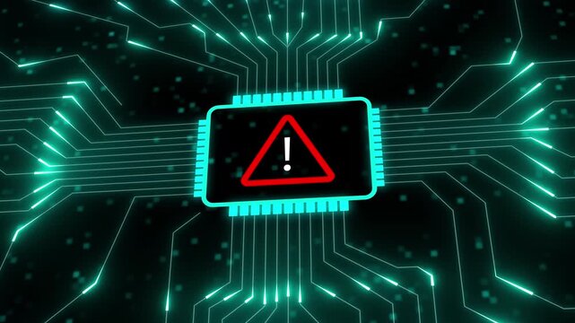 Technology system highlighting risk, warnings, and critical data signals. Digital circuit board with glowing warning symbol and data flow technology electronic. Digital alert icon with circuit.