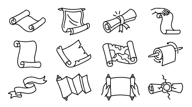 Collection of hand drawn vintage paper scrolls and ancient parchment sketches.