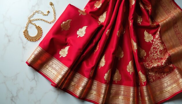 Vibrant red silk saree with gold intricate zari motifs adorns the fabric. Matching traditional gold necklace rests beside folded textile. Elegant Indian clothing for celebrations and weddings.