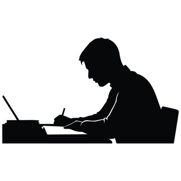 Student writing in notebook silhouette vector illustration of young male person studying.